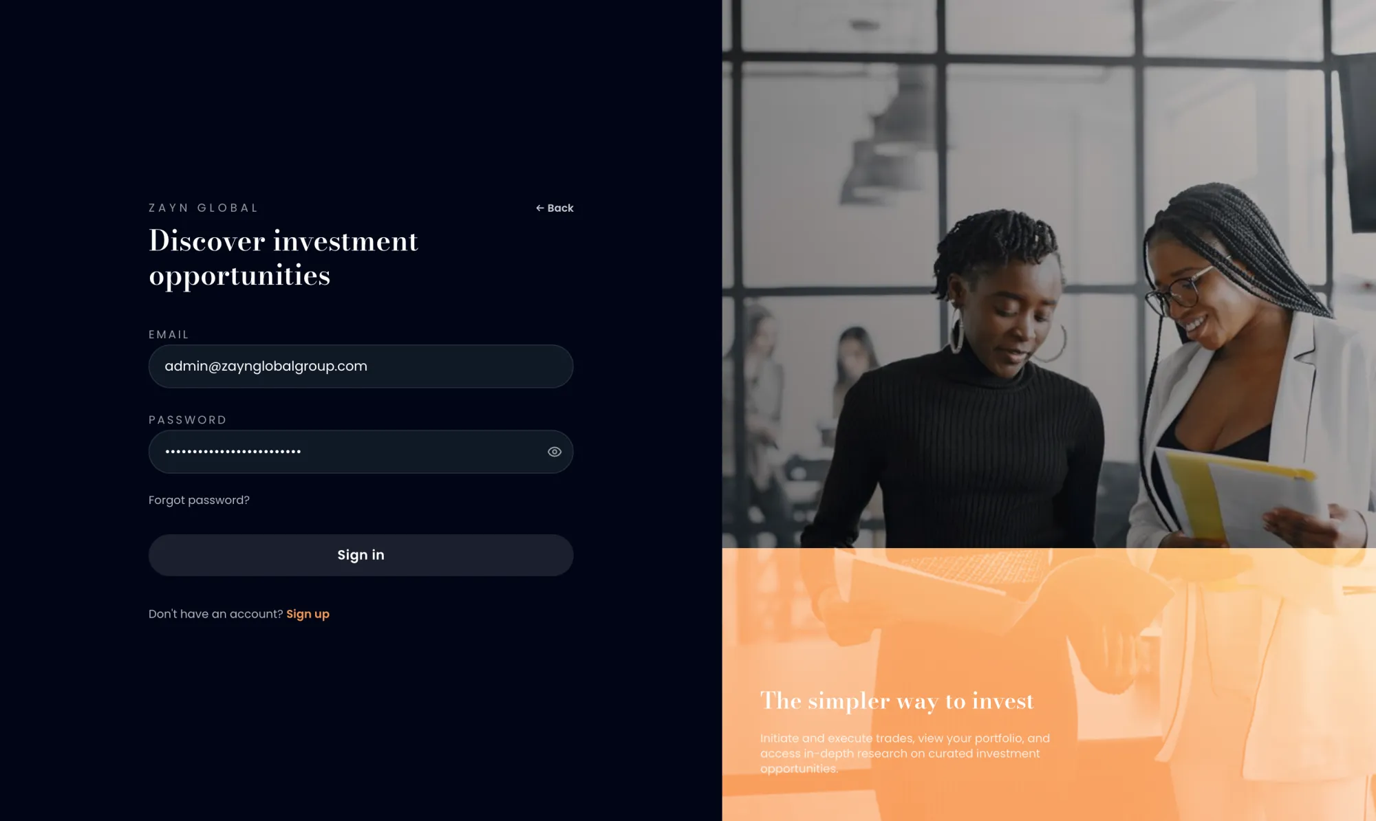 Zayn Global Back Office dashboard screenshot